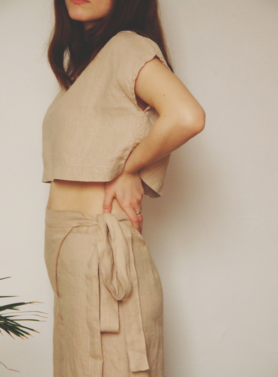 Minimalist Japandi Style Linen Wrap Pants & Crop Top Set - Sustainable & Elegant Neutral Outfit