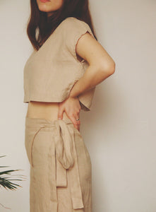 Minimalist Japandi Style Linen Wrap Pants & Crop Top Set - Sustainable & Elegant Neutral Outfit