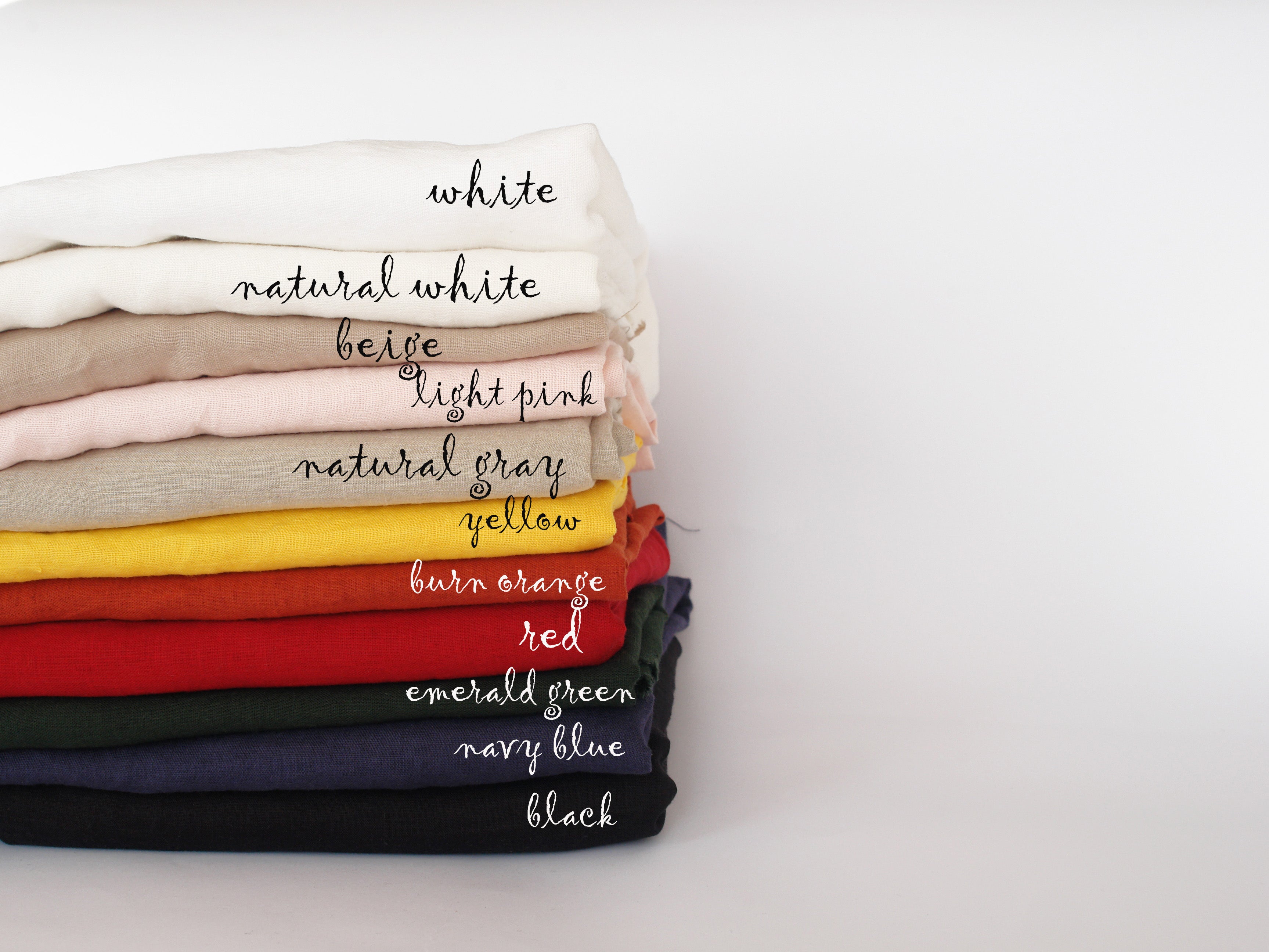 Linen fabric color samples Linen in color white off white beige light pink natural ray yellow burnt orange rust red emerald green navy blue black