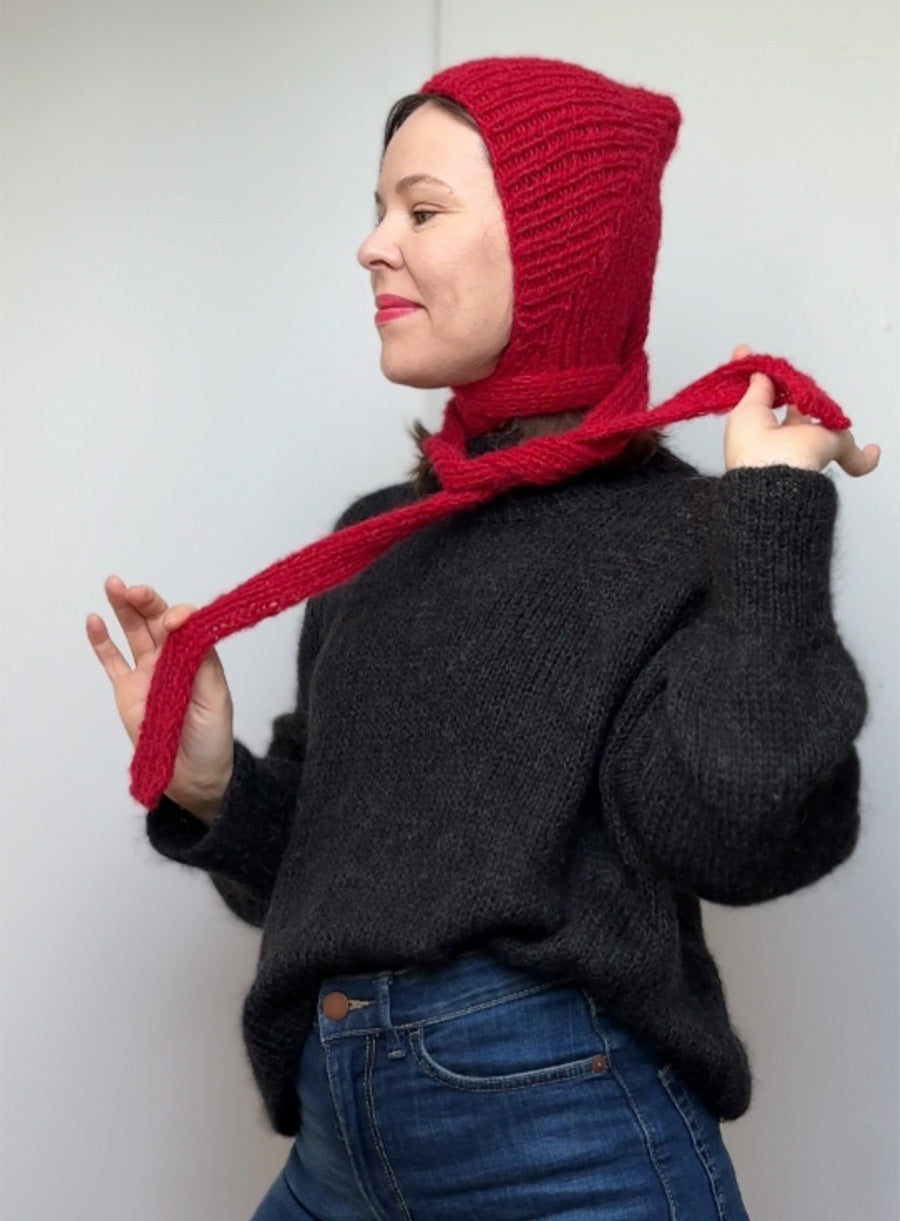 cherry red knitted balaclava