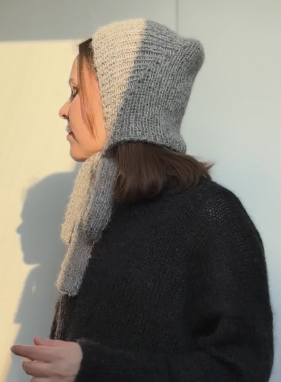 gray knitted bonnet for winter look