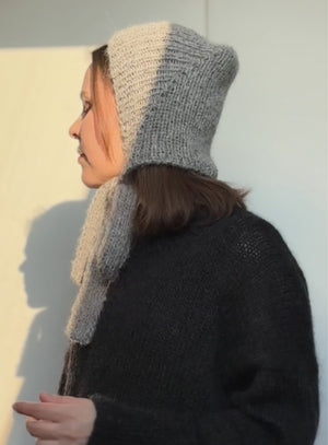 gray knitted bonnet for winter look