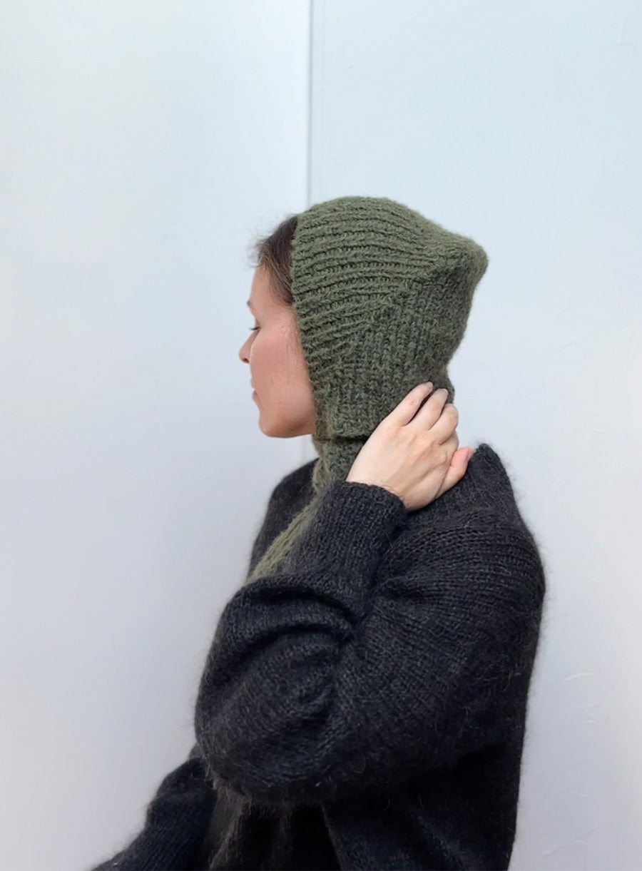 Handmade mohair knit hood in vintage green, lightweight and fluffy bonnet-style hat for women, cozy winter accessory perfect for handmade wardrobe essentials.