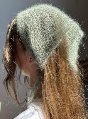 Person wearing a light green knitted hat with a dark background