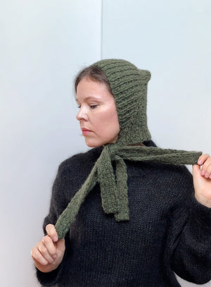 Handmade mohair knitted bonnet in vintage green, soft and warm winter hat with ties, cozy and stylish accessory for women, perfect handmade gift and cold weather fashion essential.