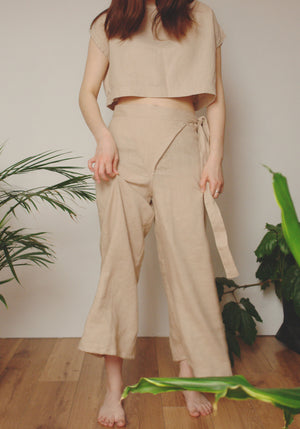 Neutral-Toned Linen Outfit - Sustainable Japandi Style Wrap Pants & Top