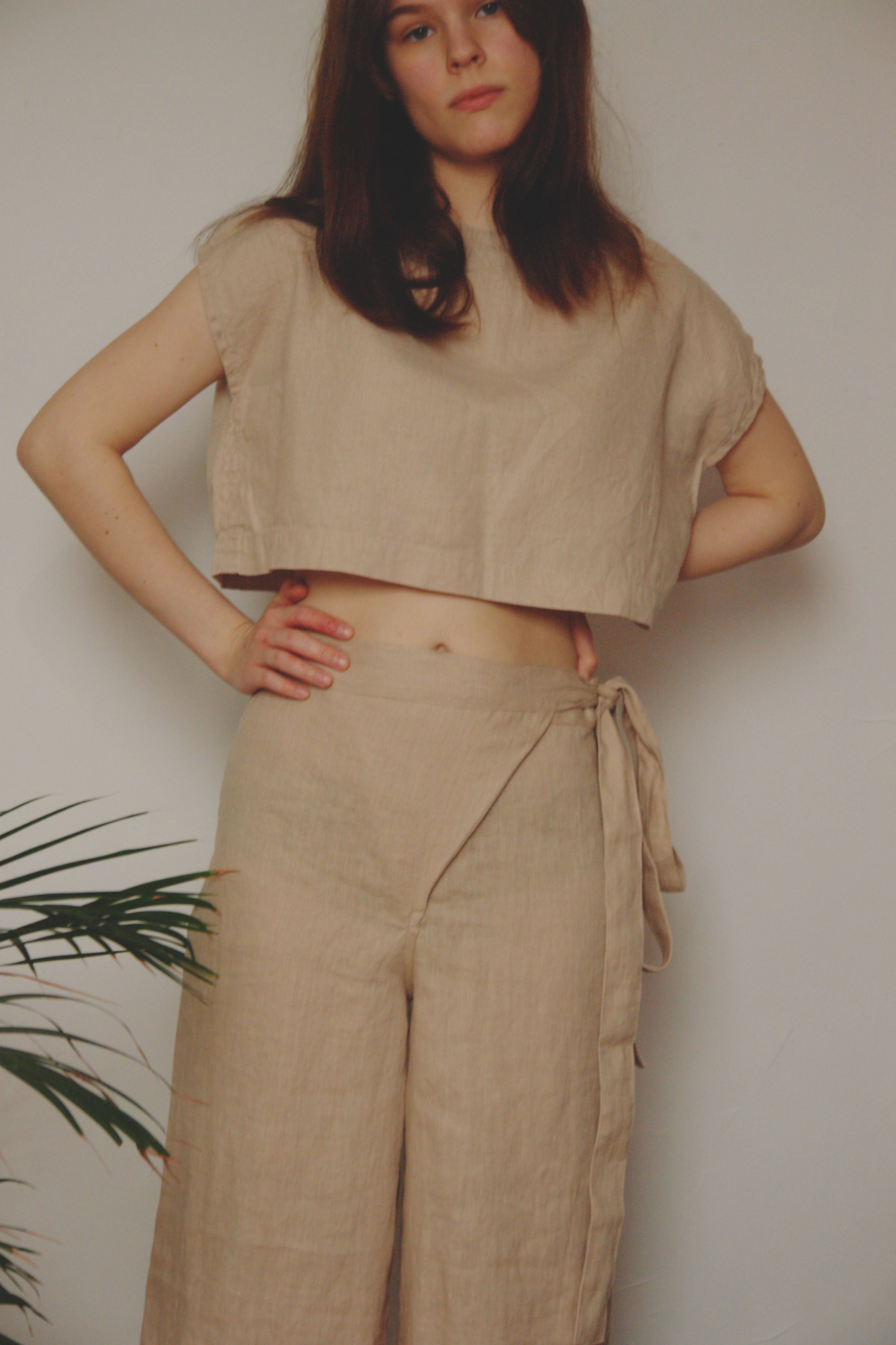 Elegant Beige Linen Co-ord Set - Breathable Wrap Pants & Cropped Top